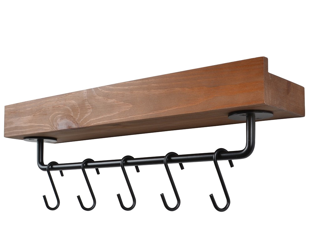 Wooden shelf with 5 hooks,TB207,Walnut