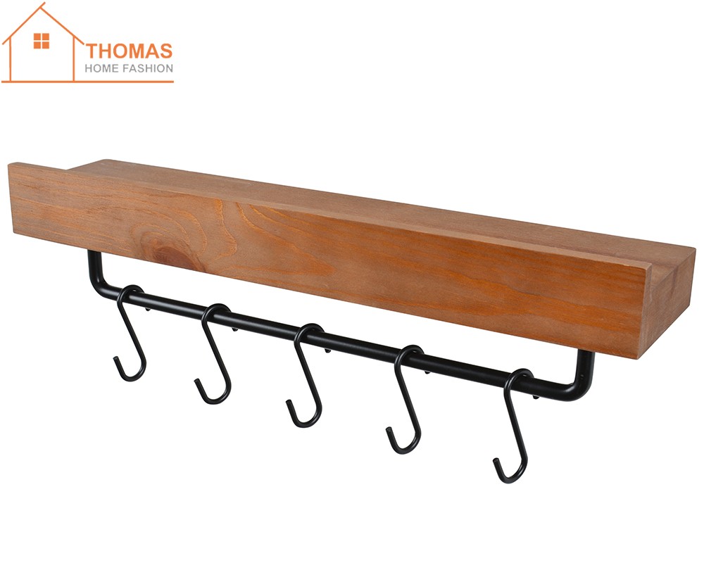 Wooden shelf with 5 hooks,TB207,Walnut