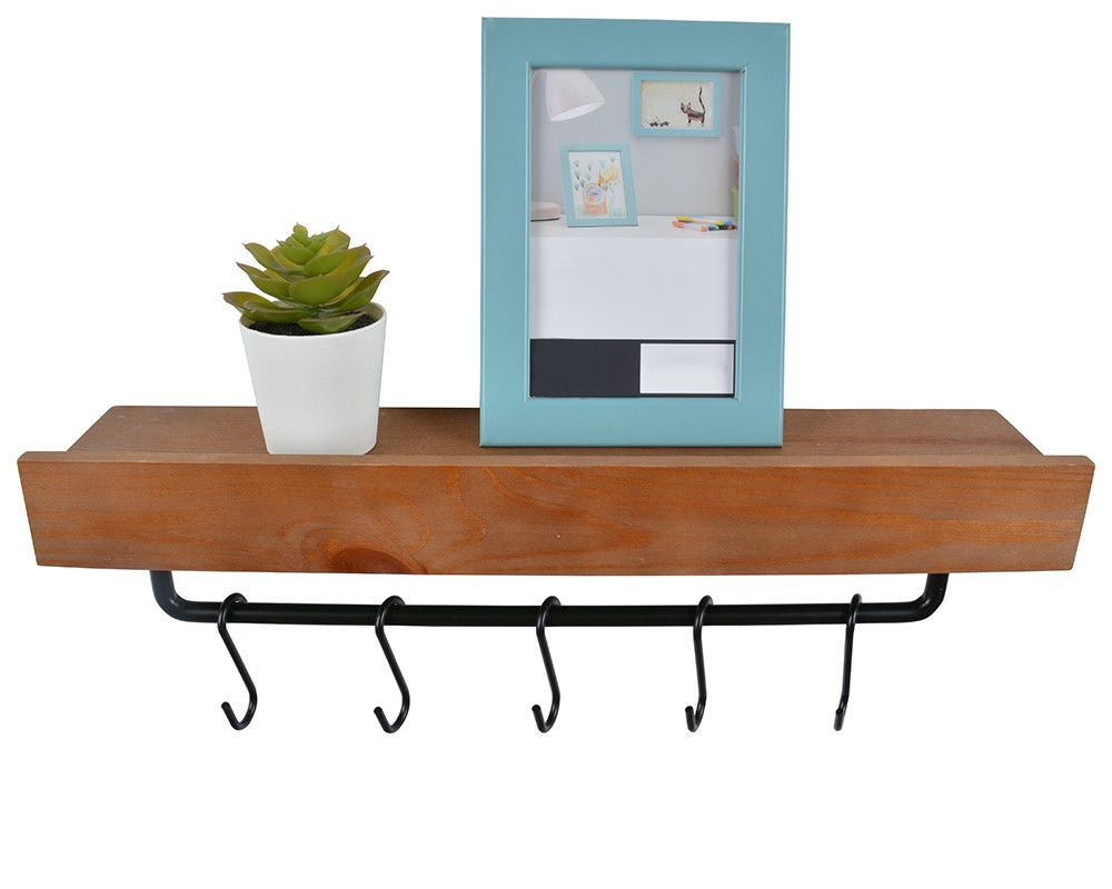 Wooden shelf with 5 hooks,TB207,Walnut