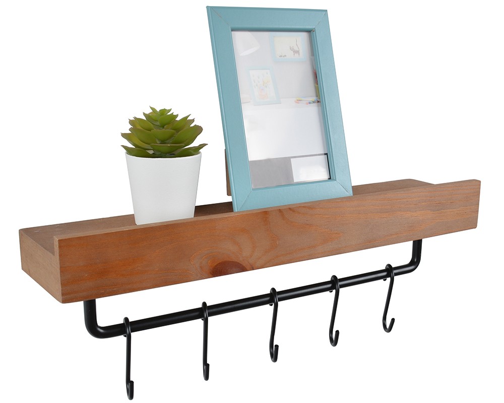 Wooden shelf with 5 hooks,TB207,Walnut