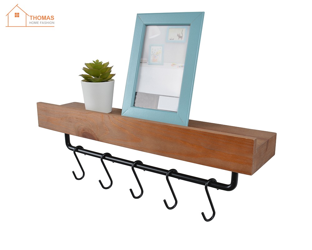 Wooden shelf with 5 hooks,TB207,Walnut